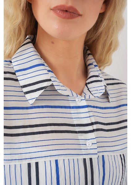 Kadın Çizgili Kısa Kol Gömlek 20344 - Lacivert indirimleri