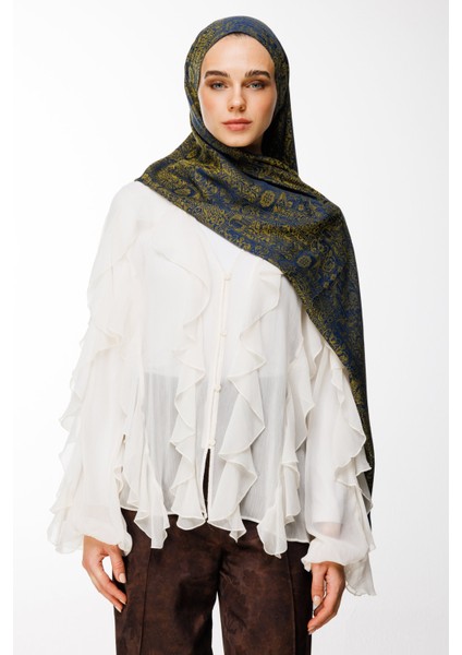 Henna Desen Çift Taraflı Şal Lacivert-Yağ Yeşili