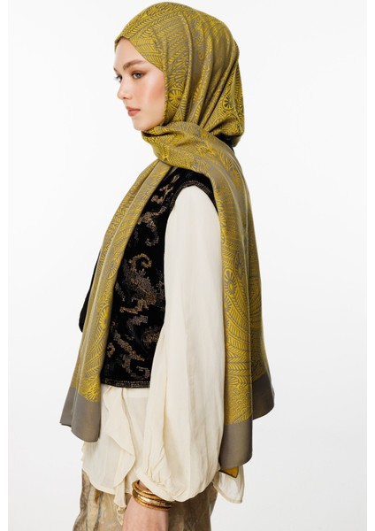 Mayra Desen Çift Taraflı Şal Koyu Gri-Hardal