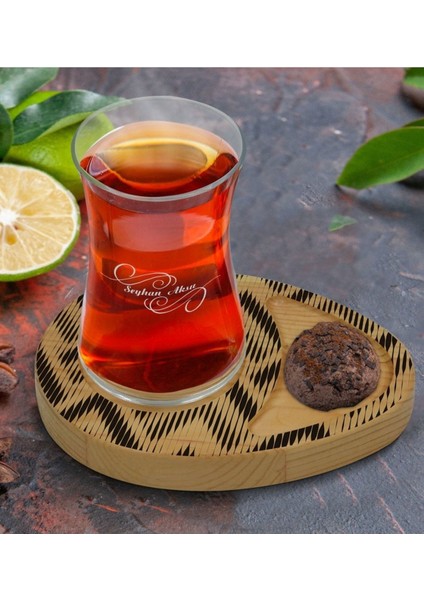 Modern Sanat Tasarımlı Doğal Ahşap Tabaklı Çay Bardağı Sunum Seti, 17 Kişilik