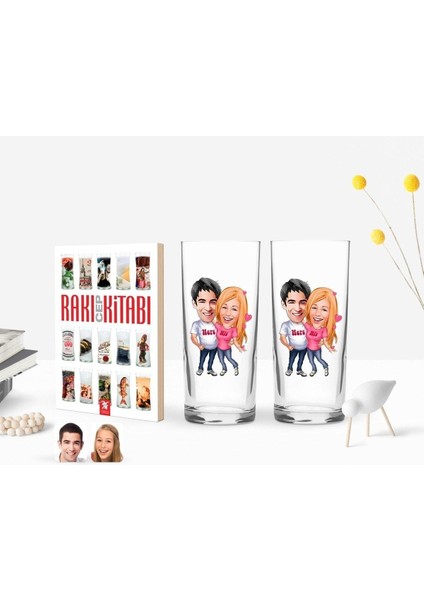 Renkli Sevgiliye Özel Karikatürlü Ikili Rakı Bardağı ve Cep Kitabı Seti