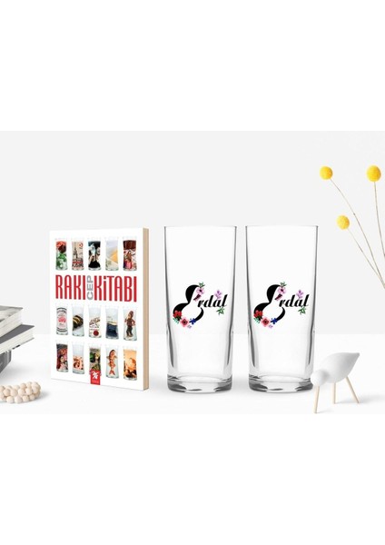 Renkli Baskılı Harfli Ikili Rakı Bardağı ve Cep Kitabı Hediye Seti, 3 Kişilik Özel Tasarım