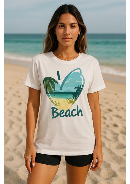 Kadın Beyaz Oversize Tişört – I Love Beach Baskılı Yazlık Pamuklu Kısa Kollu T-Shirt fiyatları