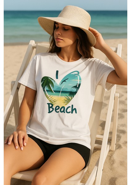 Kadın Beyaz Oversize Tişört – I Love Beach Baskılı Yazlık Pamuklu Kısa Kollu T-Shirt modelleri