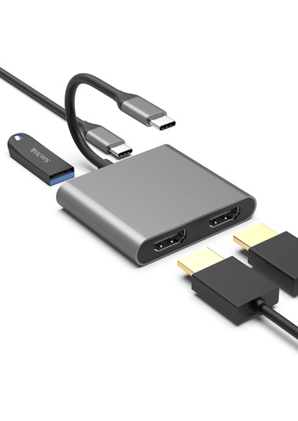 4K Iki HDMI Dönüştürücü Type-C Girişli USB Pd Çoklu Çevirici Şarj Imkanı Çoklu Dönüştürücü