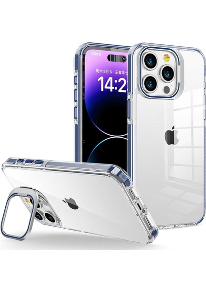 iphone 15 Pro Max Için Hybrid Performance Serisi Ultra Şeffaf Sert Polikarbonat Arka Kısım Orta Sertlikte Silikon Kenarlar ve Stand Olabilen Lens Çerçeveli Kılıf (Mavi, 15 Pro Max)