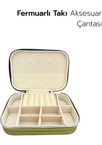 Yeşil Suni Deri Fermuarlı Takı ve Mücevher Saklama Kutusu
