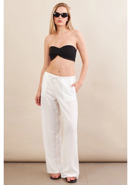 Kadın Beyaz Beli Bağcıklı Pantolon ZH105 fiyatları