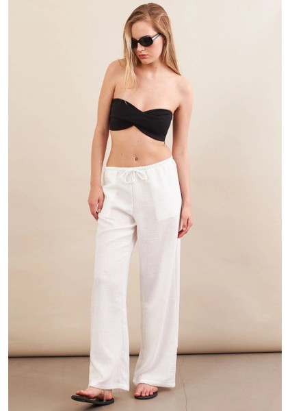 Kadın Beyaz Beli Bağcıklı Pantolon ZH105 modelleri