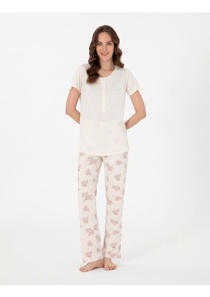 Kadın Krem Kısakollu Lohusa Pijama Takımı 50319052-VR071 fırsatları