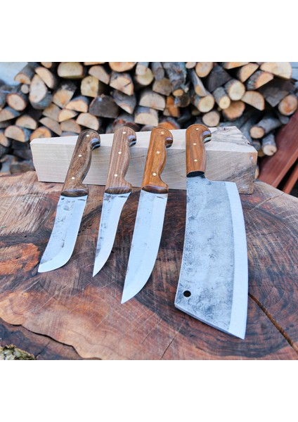 Kurban Bıçağı Seti 4'lü - El Yapımı Dövme Makas Çeliği - Gerçek Deri Çantalı