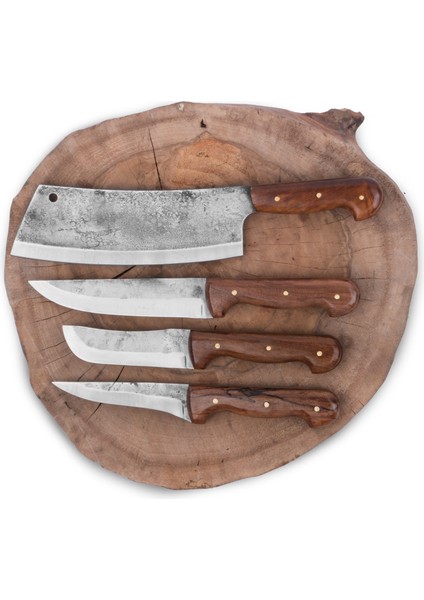 Kurban Bıçağı Seti 4'lü - El Yapımı Dövme Makas Çeliği - Gerçek Deri Çantalı fırsatları