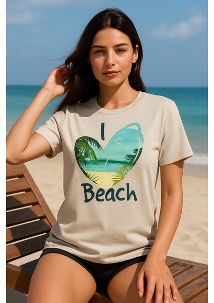 Kadın Beyaz Oversize Tişört – I Love Beach Baskılı Yazlık Pamuklu Kısa Kollu T-Shirt