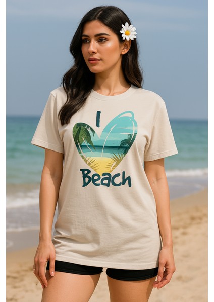 Kadın Beyaz Oversize Tişört – I Love Beach Baskılı Yazlık Pamuklu Kısa Kollu T-Shirt fiyatları