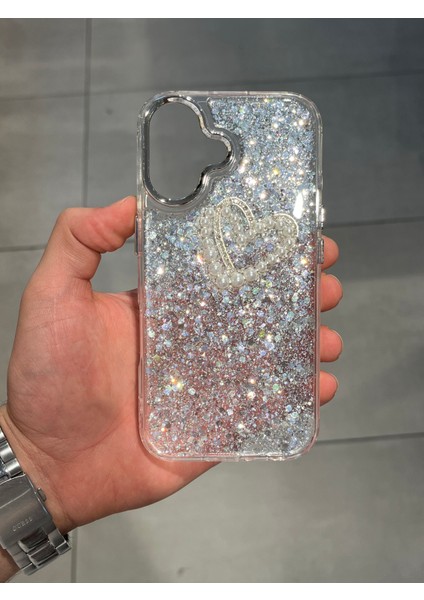 Iphone 16 Uyumlu Işıltılı Kalp Figürlü Epoksi Tasarım Sert Şeffaf Silikon Kılıf