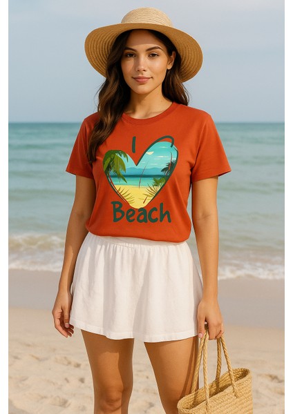 Kadın Beyaz Oversize Tişört – I Love Beach Baskılı Yazlık Pamuklu Kısa Kollu T-Shirt