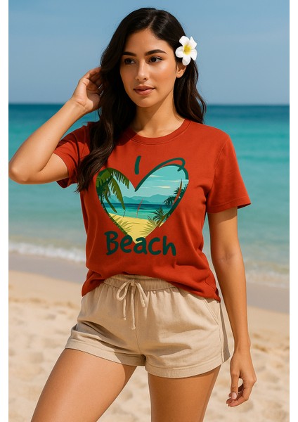 Kadın Beyaz Oversize Tişört – I Love Beach Baskılı Yazlık Pamuklu Kısa Kollu T-Shirt fiyatları