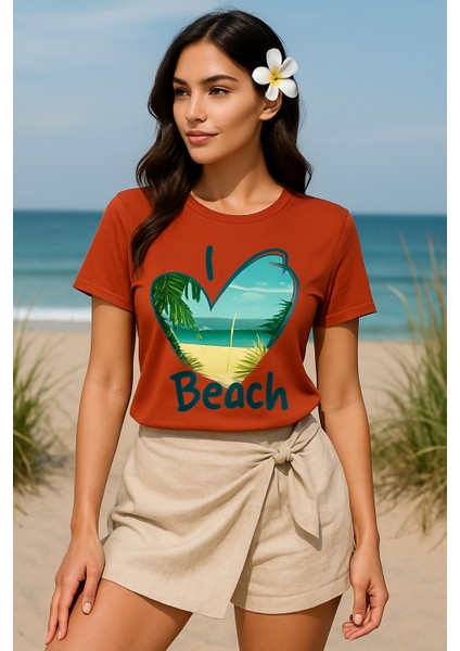 Kadın Beyaz Oversize Tişört – I Love Beach Baskılı Yazlık Pamuklu Kısa Kollu T-Shirt modelleri