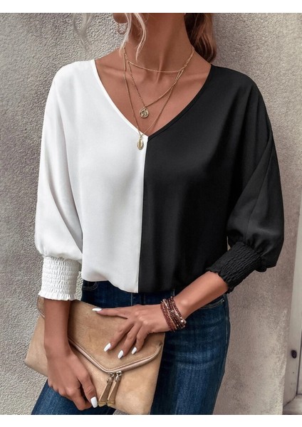 Kadın Uzun Kollu V Yaka Kol Ağzı Gipeli Sandy Bluz