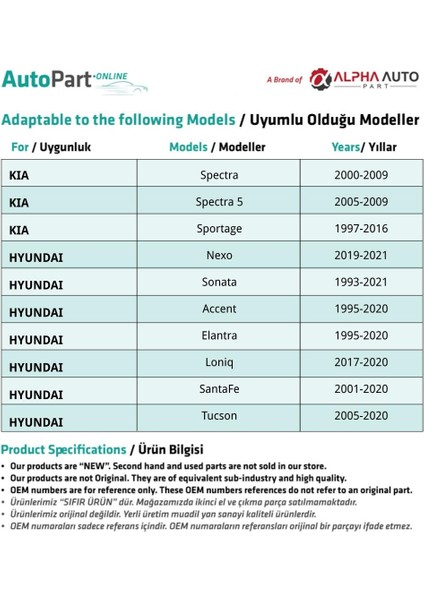 Hyundai ve Kia için Davlumbaz Klipsi modelleri