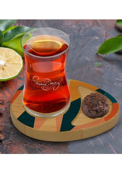 Renkli Ahşap Tabaklı 8kişilik Modern Çay Sunum Seti