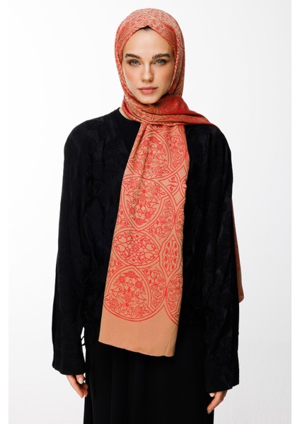 Morocco Desen Çift Taraflı Şal Vizon-Kırmızı