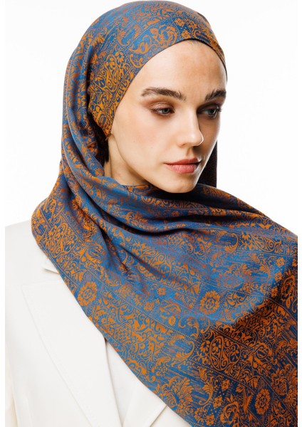 Henna Desen Çift Taraflı Şal Petrol Mavisi-Turuncu
