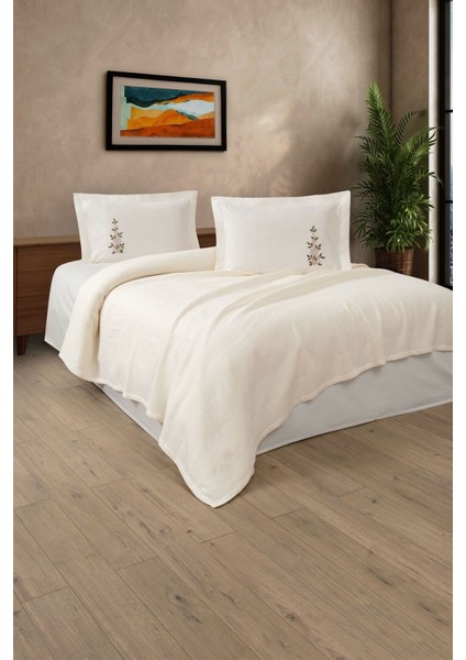 Tek Kişilik 3 Parça Nakışlı Waffle Dokuma Pike Takımı Legacy-Krem