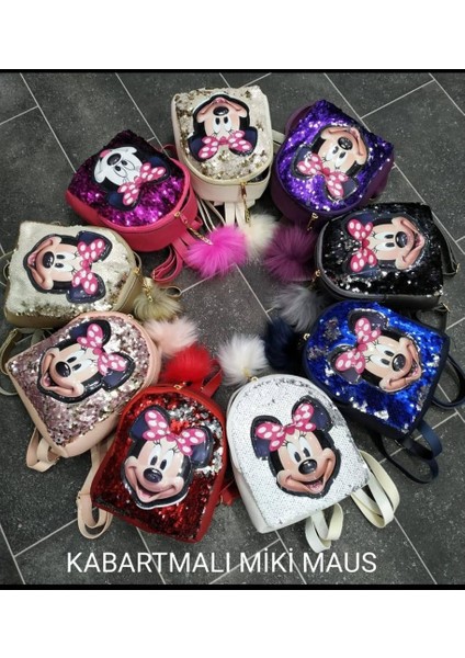 Mickey Mouse Model Işıklı Pullu Ponponlu Kabartmalı Kız Çocuk Sırt Çantası