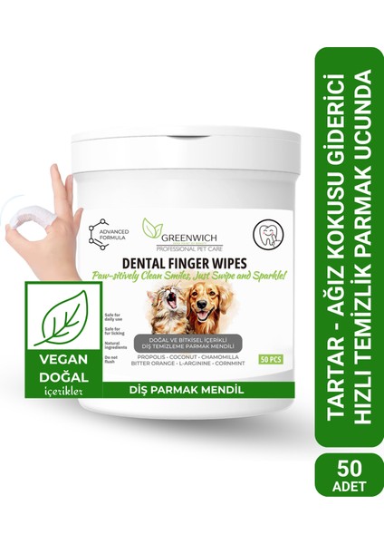 Vegan Bitkisel İçerikli Kedi Köpek Diş Temizleme Islak Hijyenik Parmak Mendil 50 Adet
