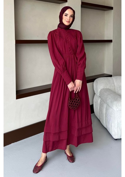 Almila Brid Düğme Detaylı-Balon Kollu Modal Kumaş Elbise