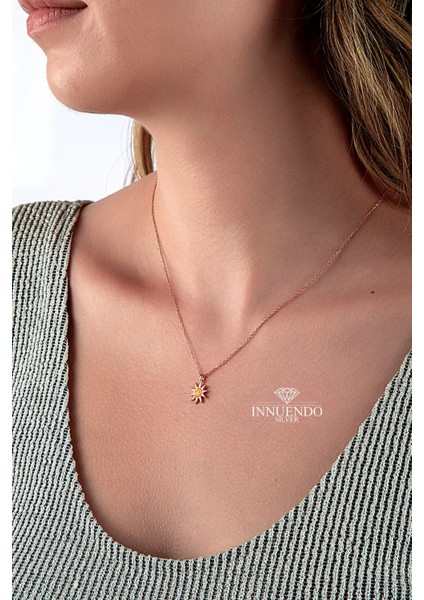 925 Ayar Gümüş Rose Gold Güneş Motifli Sarı Opal Taşlı Mini Kolye fiyatları