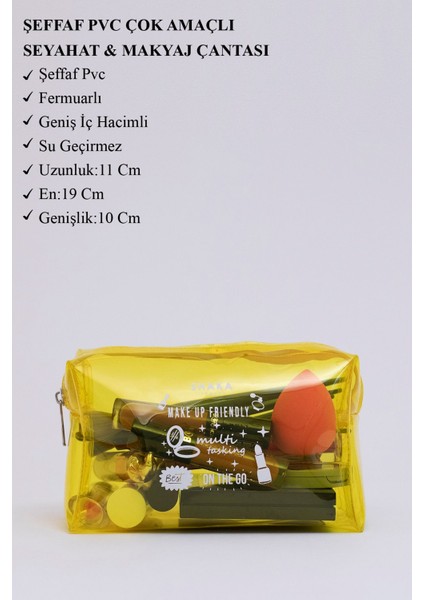 Şeffaf Çok Amaçlı Seyahat ve Makyaj Çantası 11X19X10 cm Sarı modelleri