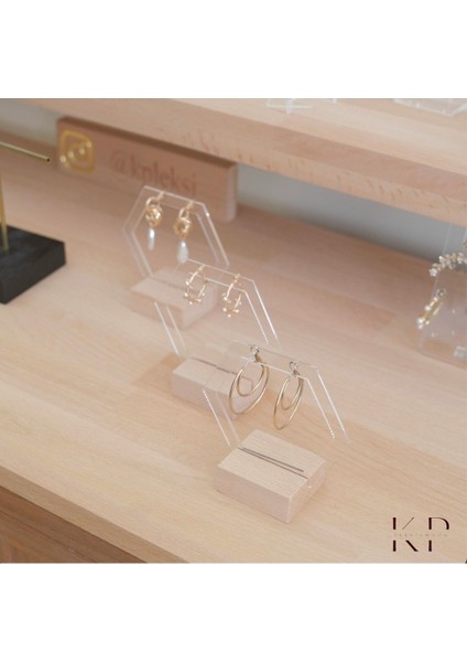 Bej Pleksi Altıgen Küpelik, Akrilik ve Ahşap Stant, Organizer Küpelik