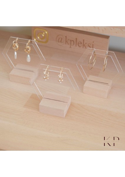 Bej Pleksi Altıgen Küpelik, Akrilik ve Ahşap Stant, Organizer Küpelik fiyatları