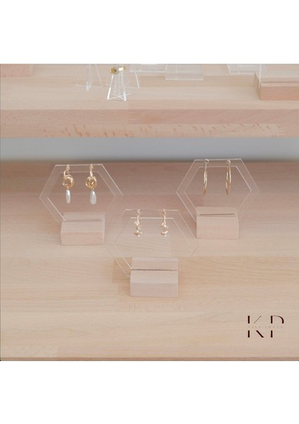 Bej Pleksi Altıgen Küpelik, Akrilik ve Ahşap Stant, Organizer Küpelik modelleri