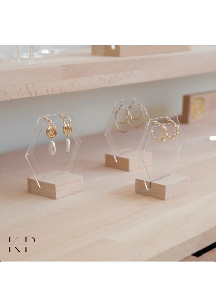 Bej Pleksi Altıgen Küpelik, Akrilik ve Ahşap Stant, Organizer Küpelik indirimleri