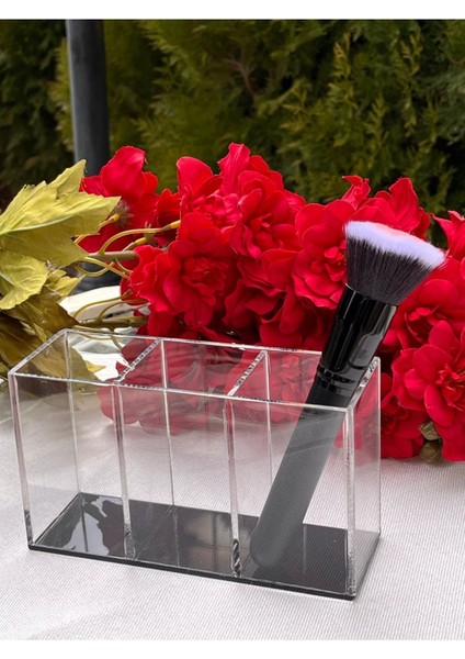 3 Bölmeli Siyah Pleksi Organizer, Makyaj, Pamuk, Kalemlik, Düzenleyici