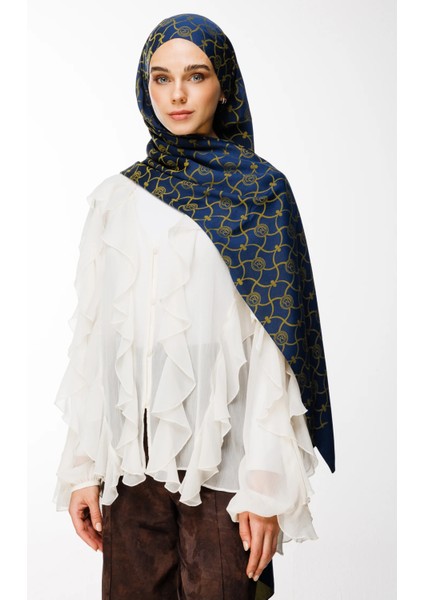 Marrakech Desen Çift Taraflı Şal Lacivert-Yağ Yeşili