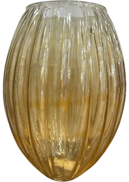 Amber Renkli Dikey Çizgili Cam Vazo – Dekoratif Tasarım (Ağız 12 Cm, En 16 Cm, Yükseklik 26 Cm)