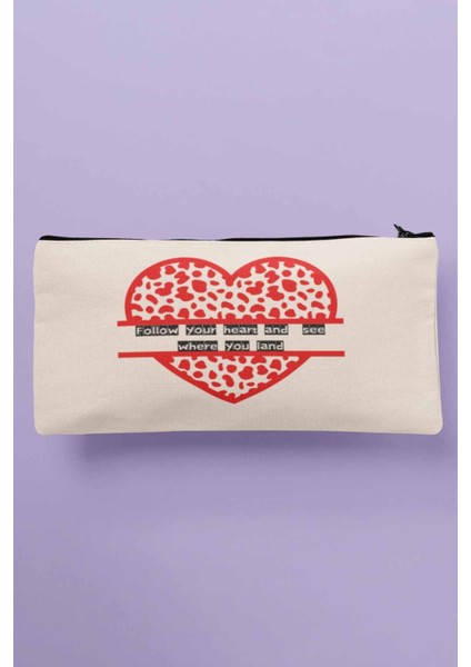 Kırmızı Kalp Tasarımlı Çok Amaçlı Bez Çanta, Kalemlik ve Cüzdan