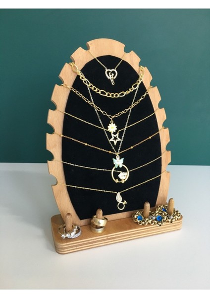 Şık Ahşap Oval Takı Organizeri Stand Kolye Bileklik Yüzük Düzenleyici Siyah