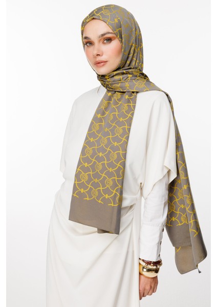 Marrakech Desen Çift Taraflı Şal Koyu Gri-Hardal