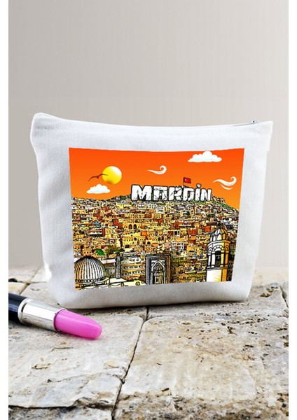 Beyaz Mardin Tasarımlı Bez Makyaj Çantası, Şık ve Kullanışlı Seyahat Aksesuarı