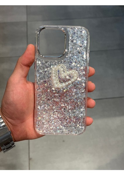 Iphone 16 Pro Max Uyumlu Işıltılı Kalp Figürlü Epoksi Tasarım Sert Şeffaf Silikon Kılıf