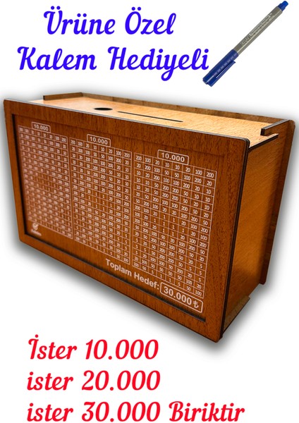 Parabox - 30.000TL Kumbara (Kalem Hediyeli) , Ahşap Para Biriktirme Hedef Kutusu - Kalides Hediyelik Ürünler