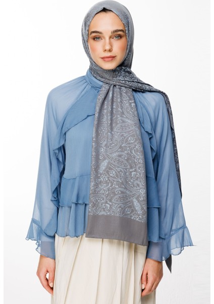 Velora Desen Çift Taraflı Şal Koyu Gri-Açık Mavi