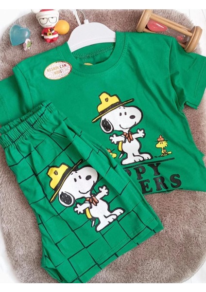 Is Berceste Yeşil Erkek Çocuk Kısa Kol Kare Şortlu Alt Üst Takım