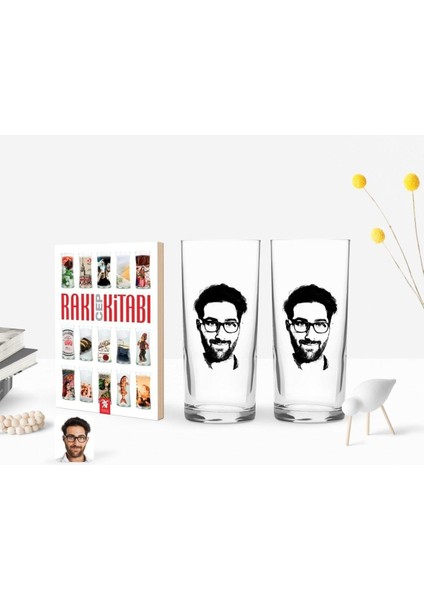 Renkli Erkek Silüet Tasarımlı Ikili Rakı Bardağı ve Cep Kitabı Hediye Seti