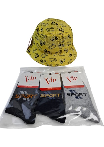 4-8 Yaş Erkek Çocuk Yazlık Fötr Şapka Vip 7-8 Yaş 3 Renk Çorap 4 Lü Set